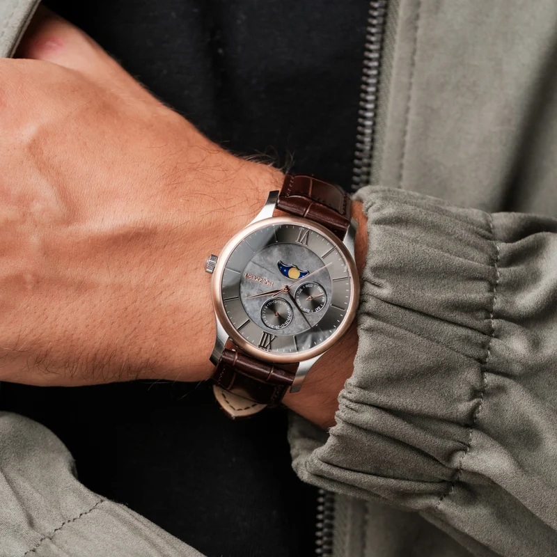 Holzkern Moonrise Armbanduhr Grau • Marmor-Zifferblatt • Miyota 6P21 Quarzwerk