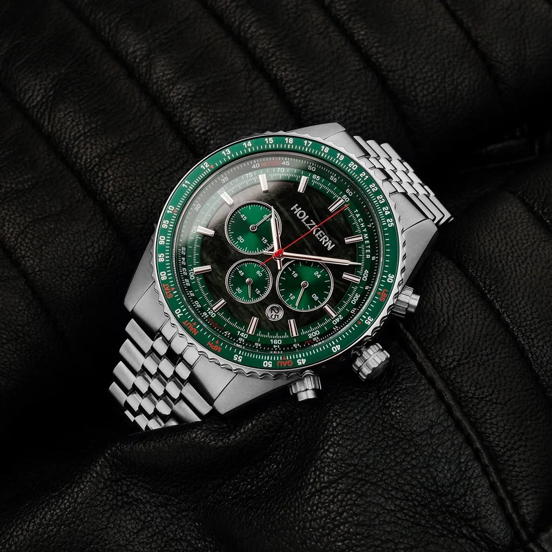 Holzkern Openhorizon 9010631018290 Herren Chronograph Grün/Silberfarben • Echter Marmor-Zifferblatt • Tachymeter-Lünette