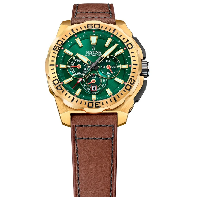 Festina Chrono Bike F20728/2 Herrenuhr • Quarz-Chronograph • Grünes Lederarmband