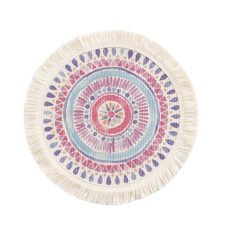 Runder flachgewebter Bodenteppich im Boho‑Mandala‑Design mit Baumwollfransen
