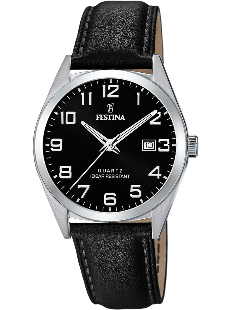 Festina Classics F20446/3 Herrenuhr Schwarz • Schwarzes Lederarmband • 10 ATM Wasserdicht