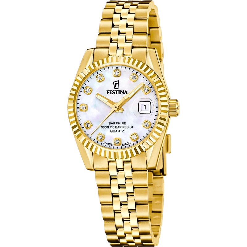 Festina Classic Swiss Made F20089/1 Damenuhr • Saphirglas • Edelstahlarmband Gold