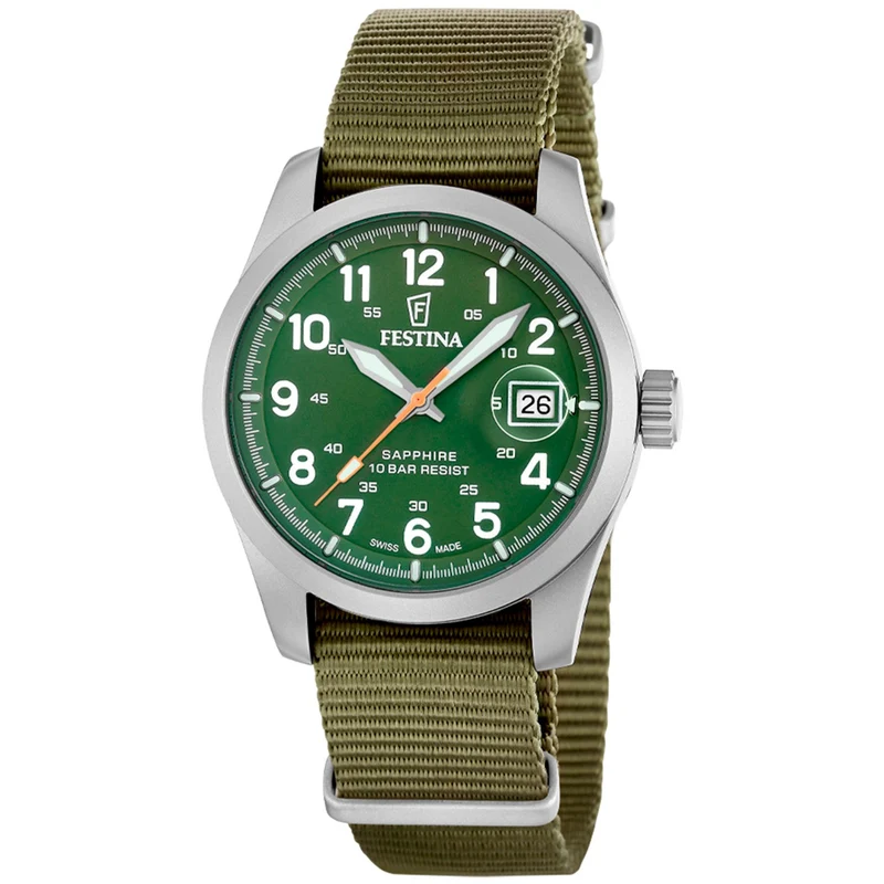 Festina Swiss Made Field F20082/2 Herrenuhr Grün • Saphirglas mit Entspiegelung • Super-LumiNova & 10 ATM