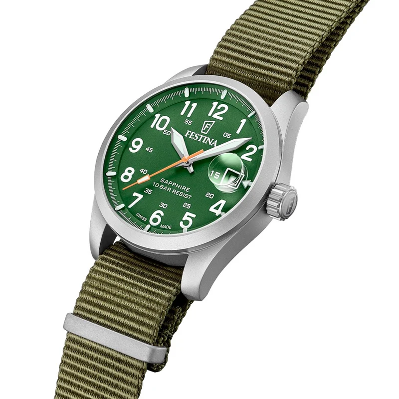 Festina Swiss Made Field F20082/2 Herrenuhr Grün • Saphirglas mit Entspiegelung • Super-LumiNova & 10 ATM