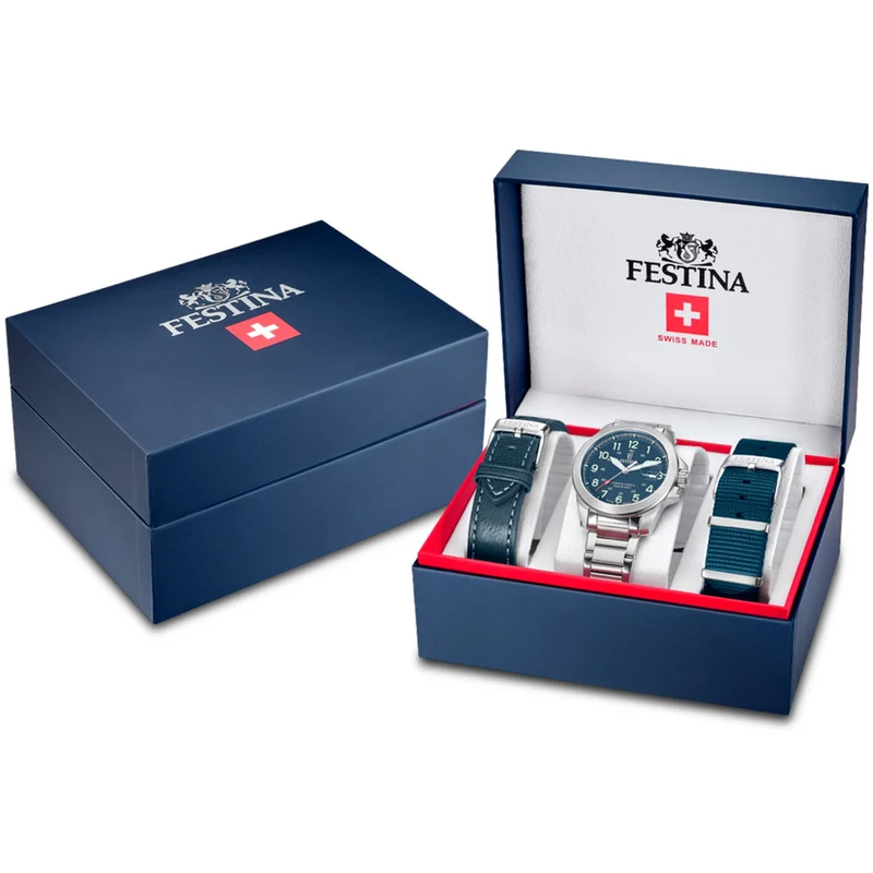 Festina Swiss Made Field Set F20081/2 Herrenuhr Blau • Saphirglas mit Entspiegelung • Super-LumiNova & 10 ATM