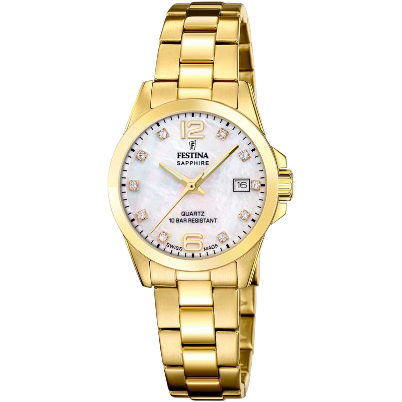 Festina F20050/1 Damenuhr Goldfarben • Schweizer Quarzwerk • Perlmutt-Zifferblatt