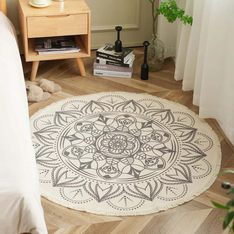 Runder Boho-Baumwollteppich mit Mandala‑Print und Fransenkante
