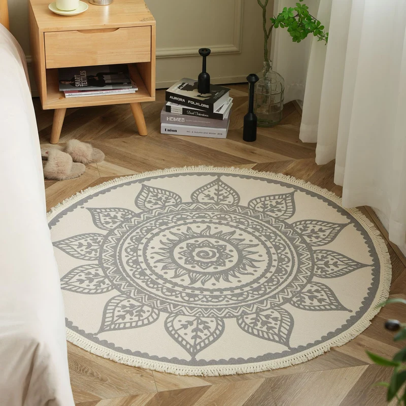 Runder Boho-Baumwollteppich mit Mandala‑Print und Fransenkante