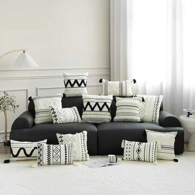 Rechteckiges gewebtes Lumbar-Dekokissen mit Tuft‑Diamanten und Quasten