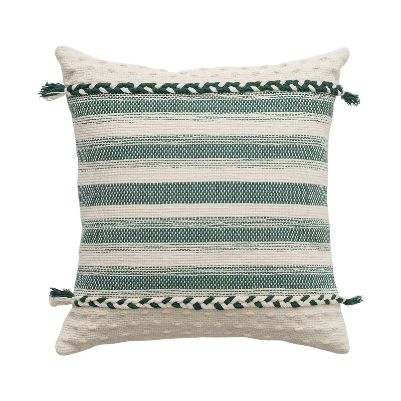 Rechteckiges Boho-Lumbar-Kissen mit geflochtenen Bändern und Quasten