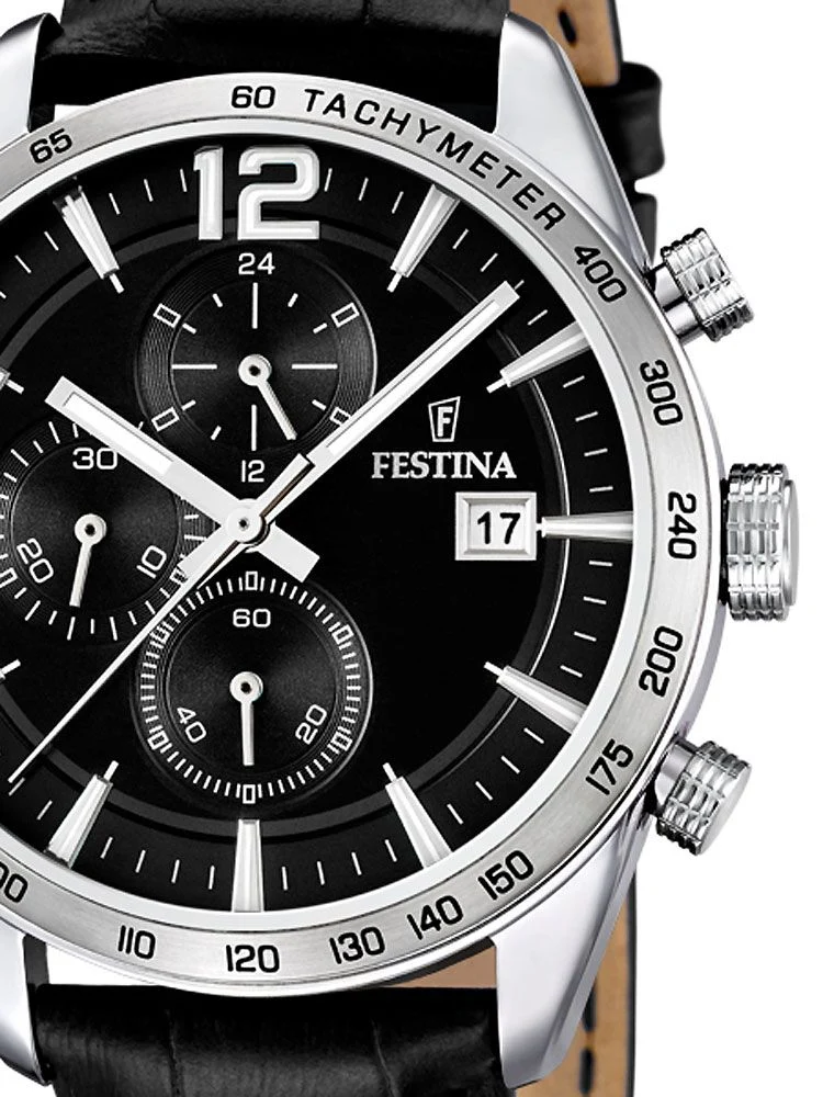 Festina Timeless Chronograph F16760/4 Herrenuhr Schwarz • Miyota Quarzwerk • Schwarzes Lederarmband