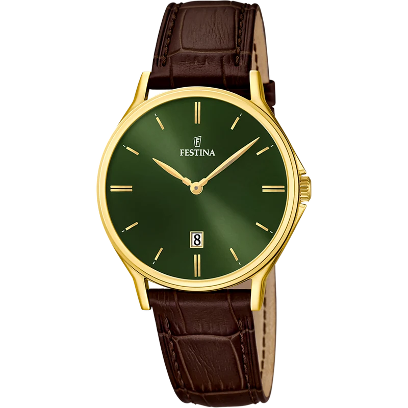 Festina Classics F16747/5 Herrenuhr Grün • Quarzwerk mit Datum • Lederarmband Braun