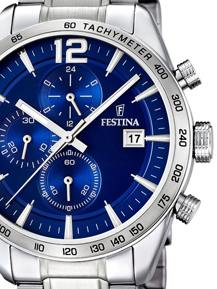 Festina Timeless Chronograph F16759/3 Herrenuhr Silber/Blau • Mineralglas • Edelstahlarmband