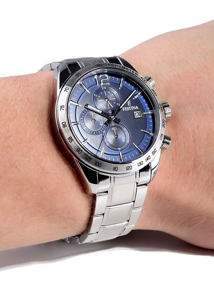 Festina Timeless Chronograph F16759/3 Herrenuhr Silber/Blau • Mineralglas • Edelstahlarmband