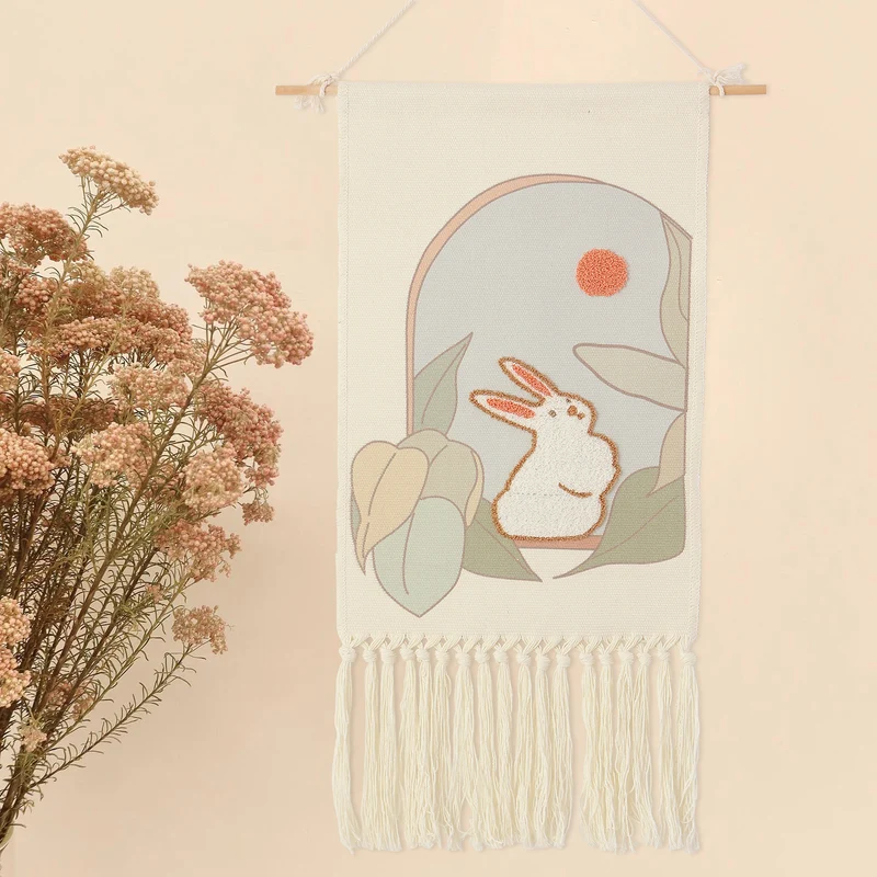 Boho Wandbehang mit gewebtem Blumen-Tufting und Makramee-Fransen