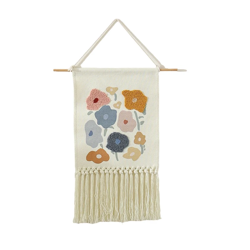 Boho Wandbehang mit gewebtem Blumen-Tufting und Makramee-Fransen
