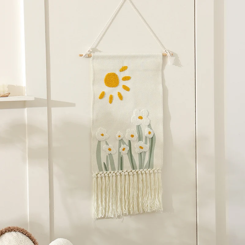 Boho Wandbehang mit gewebtem Blumen-Tufting und Makramee-Fransen