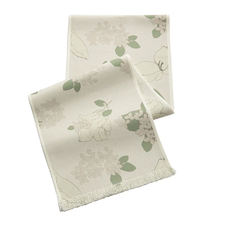 Gewebter botanischer Tischläufer mit Olivenzweig‑Motiv und Fransenrand