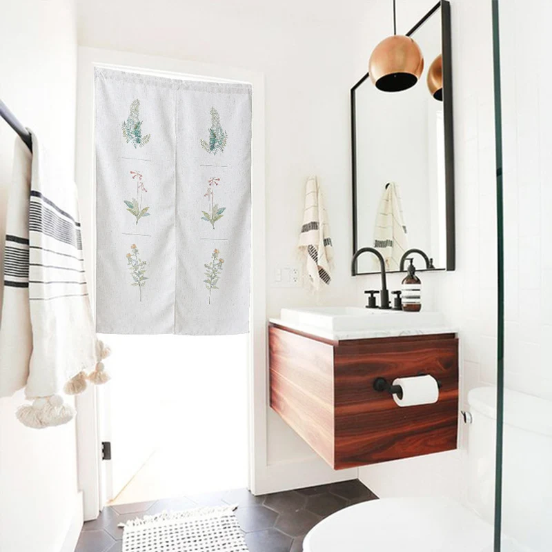 Geteilter Noren‑Vorhang aus Baumwoll‑Leinen mit botanischem Aquarellprint