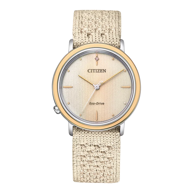 Citizen Ambiluna EM1006-40A Damen Armbanduhr Beige • Eco-Drive Saphirglas • Bicolor Roségold