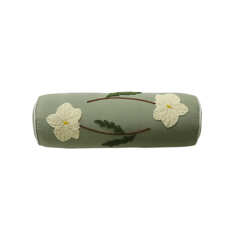 Bolster-Kissen mit handgesticktem Blumenmotiv und dekorativer Paspel