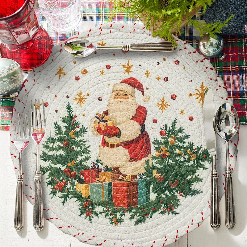 Runde weihnachtliche Baumdecke aus gewebtem Baumwollmischgewebe mit Rentier- und Tannenzweig-Motiv