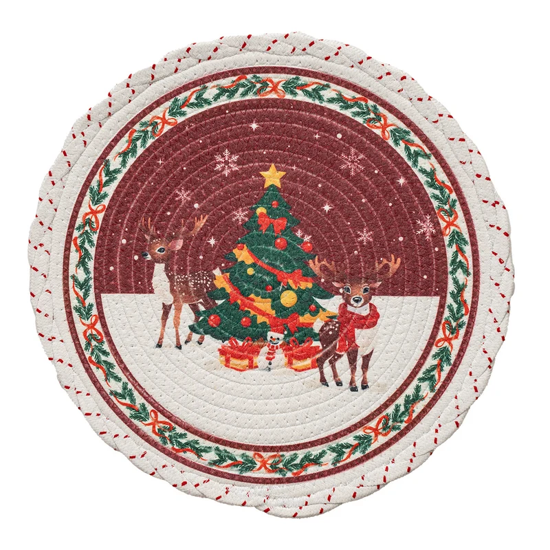 Runde weihnachtliche Baumdecke aus gewebtem Baumwollmischgewebe mit Rentier- und Tannenzweig-Motiv