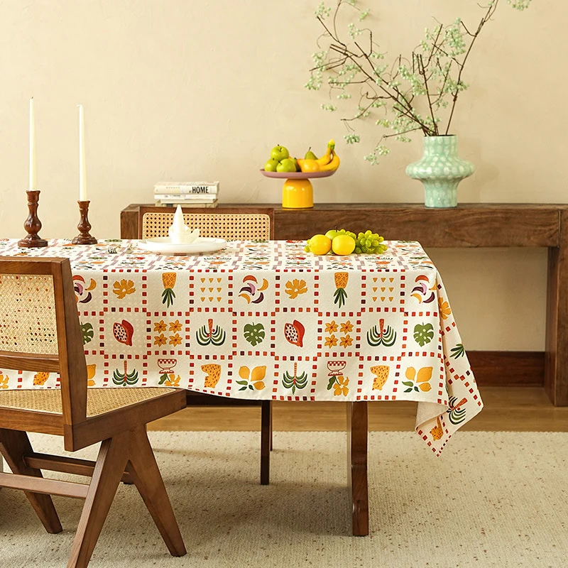 Tischdecke aus Baumwoll-Leinen mit skandinavischem Blatt- und Karomuster