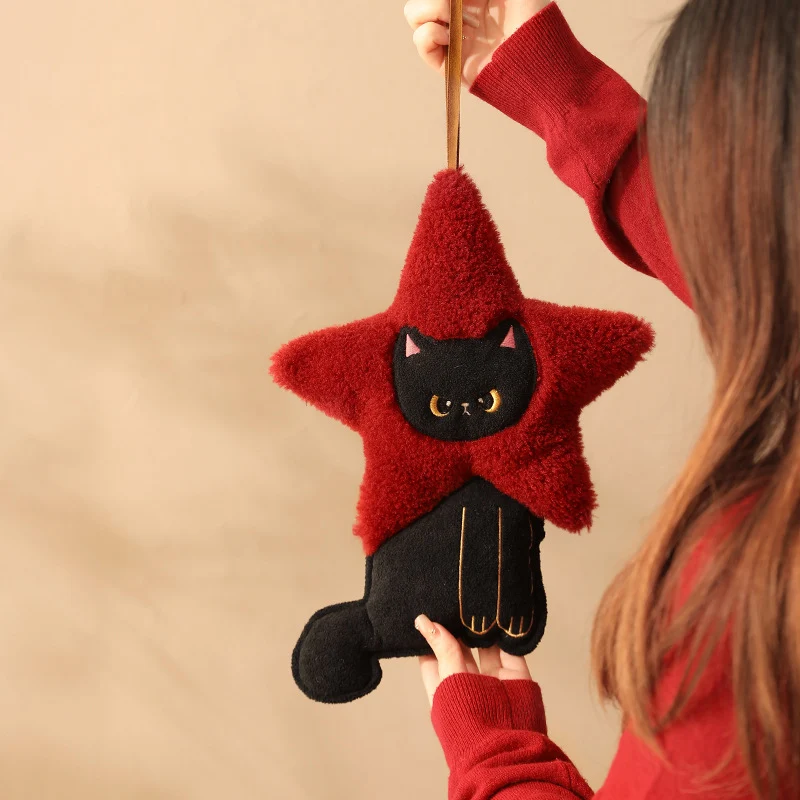 Plüschanhänger Sternform mit Katzenmotiv, kuscheliger Teddy‑Textur und Aufhängeband
