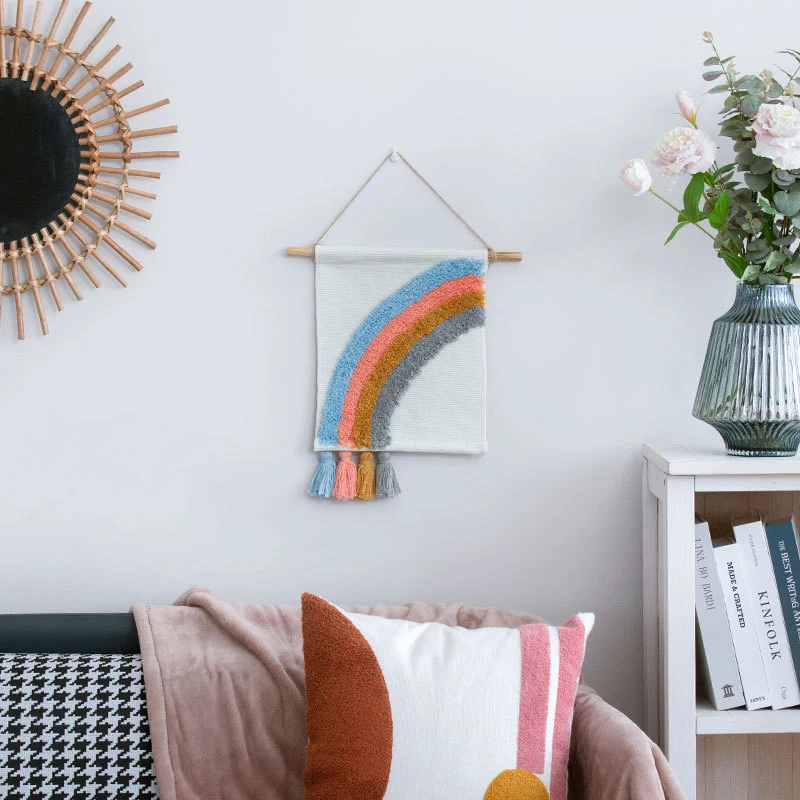 Mini-Wandteppich-Set im Boho‑Stil mit Relief‑Tufting und Holzstabhalterung