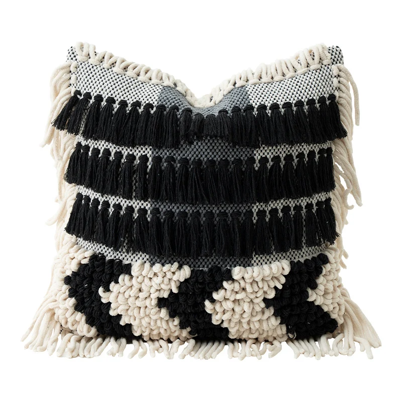 Dekoratives Boho-Kissen mit Baumwoll-Tufting, Fransen und Quasten