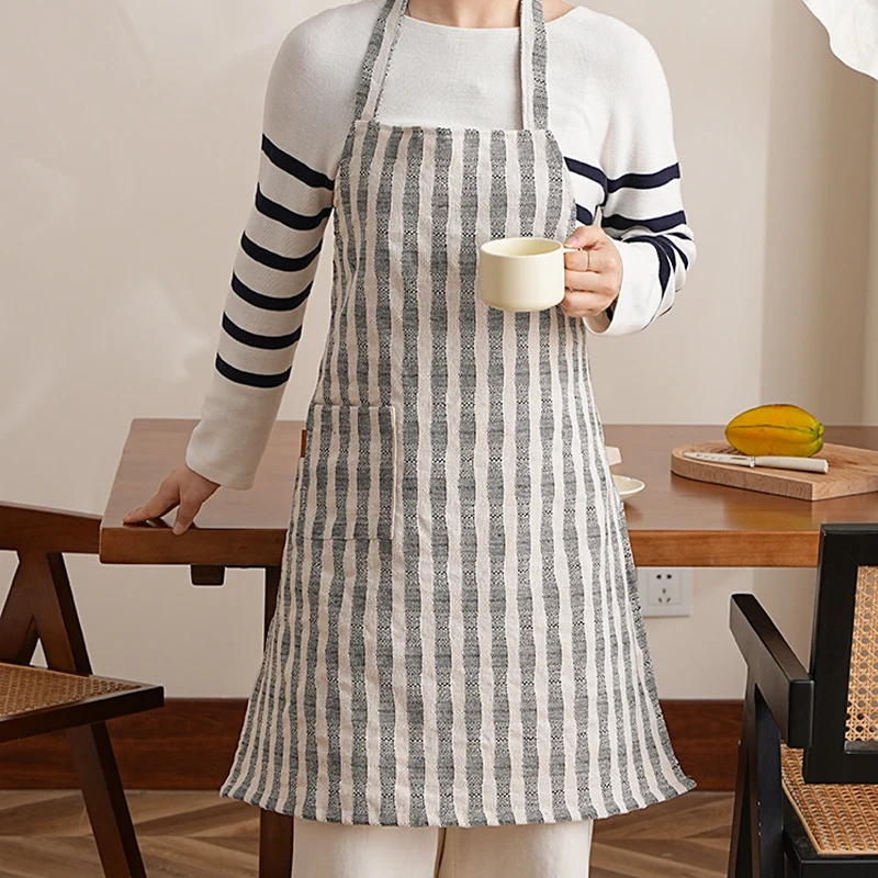 Atelier- und Küchen-Schürze aus Baumwoll‑Leinen mit Taschenpanel und verstellbarem Nackenband