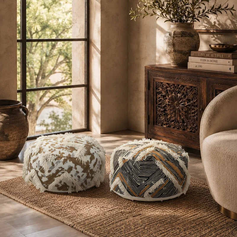 Runder gewebter Sitzpouf mit Boho‑Quasten und strukturierter Tuftoberfläche