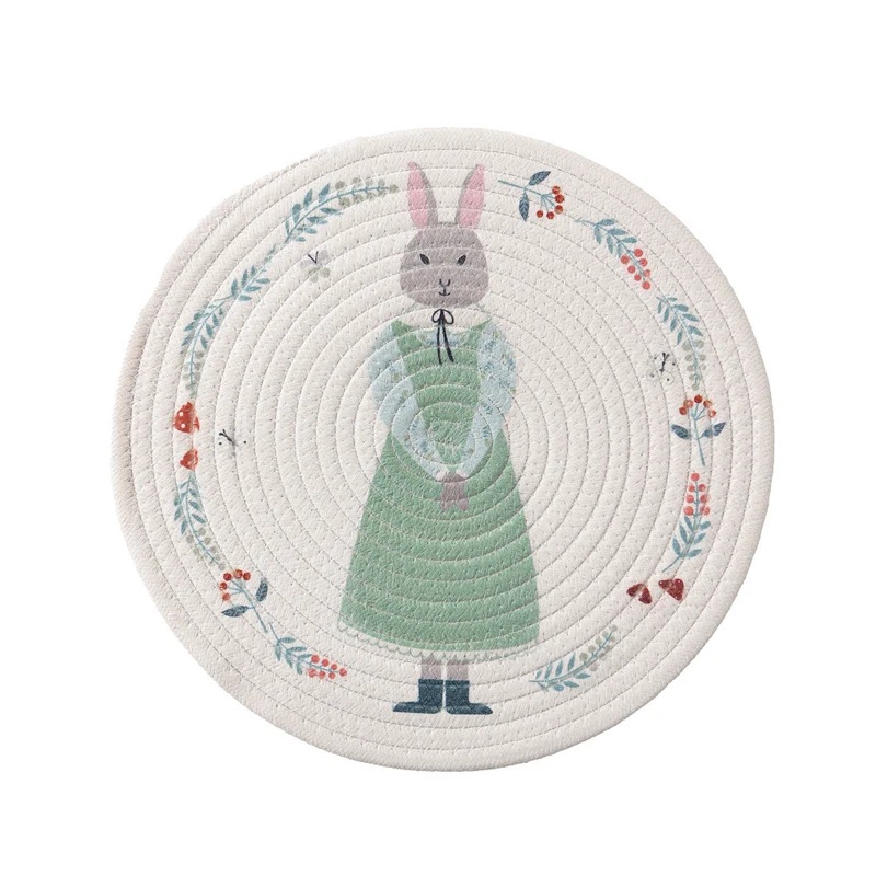 Runde gesteppte Tischset-Platzmatte aus Baumwollmix mit kindlichem Nashorn‑Print