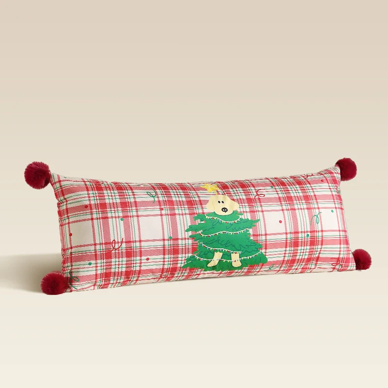 Langes Nacken- und Dekokissen mit Karomuster, Hunde‑Tannenbaum-Applikation und Bommel