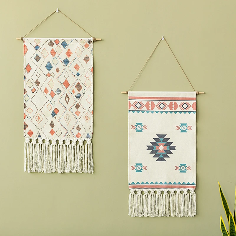 Boho-Wandbehang-Set mit gewebten Ethno-Motiven, Quasten und Holzstab