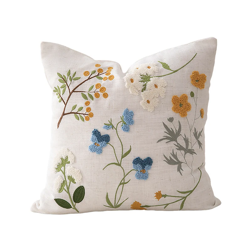 Besticktes Leinen-Dekokissen mit botanischer Blumenstickerei