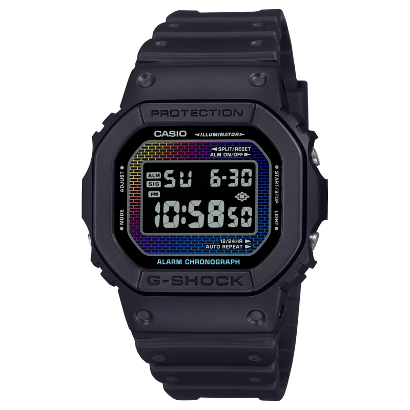 Casio DW-5600RW-1ER G-Shock Herrenuhr Schwarz/Regenbogen • Regenbogen-Dampfbeschichtung • Digitales Ziegelwandmuster
