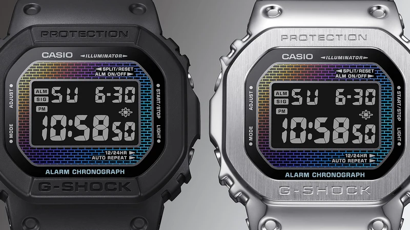 Casio DW-5600RW-1ER G-Shock Herrenuhr Schwarz/Regenbogen • Regenbogen-Dampfbeschichtung • Digitales Ziegelwandmuster