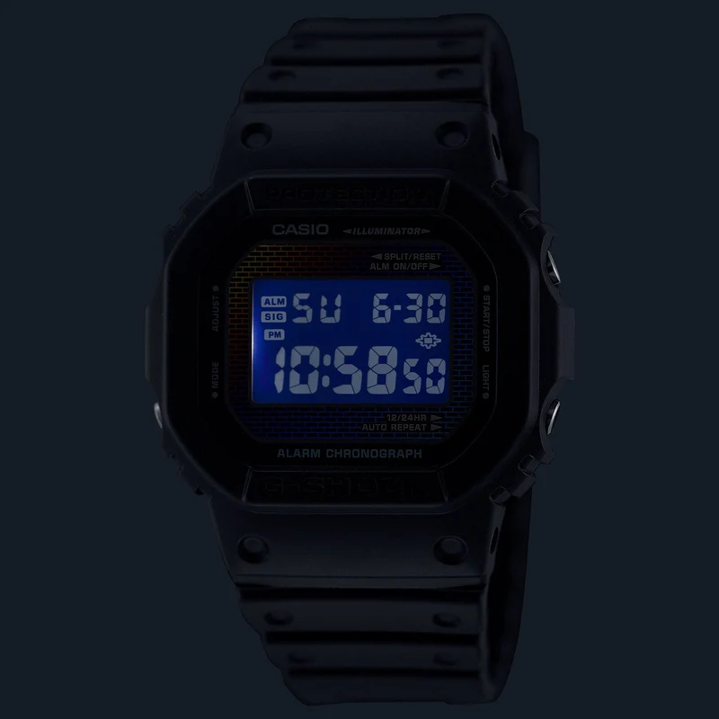 Casio DW-5600RW-1ER G-Shock Herrenuhr Schwarz/Regenbogen • Regenbogen-Dampfbeschichtung • Digitales Ziegelwandmuster