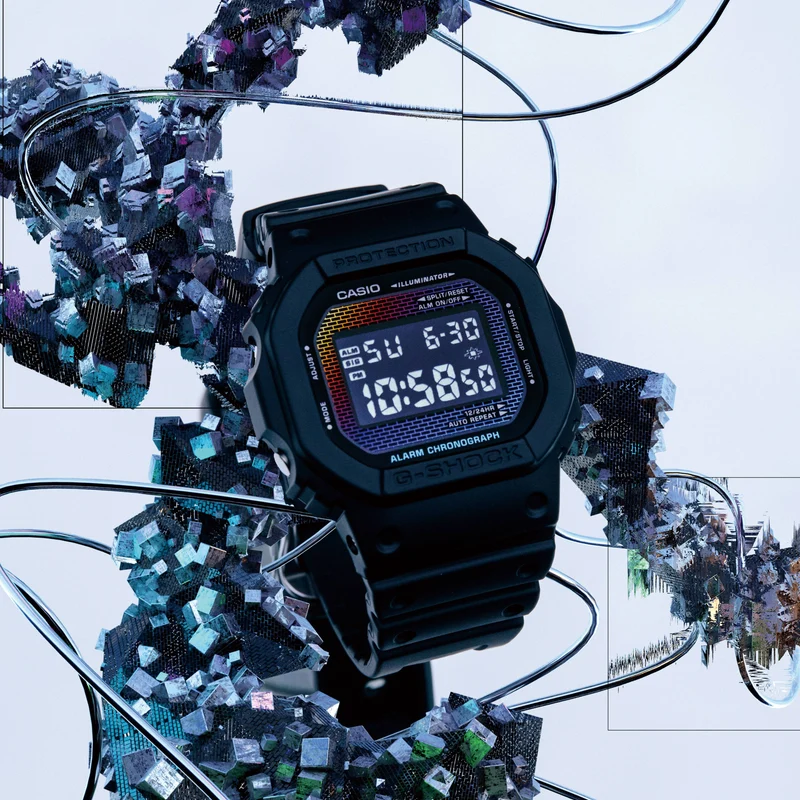 Casio DW-5600RW-1ER G-Shock Herrenuhr Schwarz/Regenbogen • Regenbogen-Dampfbeschichtung • Digitales Ziegelwandmuster
