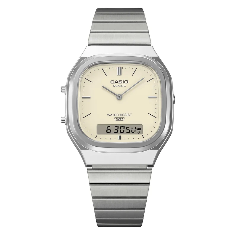 Casio AQ-240E-7A2EF Edgy Collection Armbanduhr Crème • Analog-Digital • Retro-Moderne Ästhetik