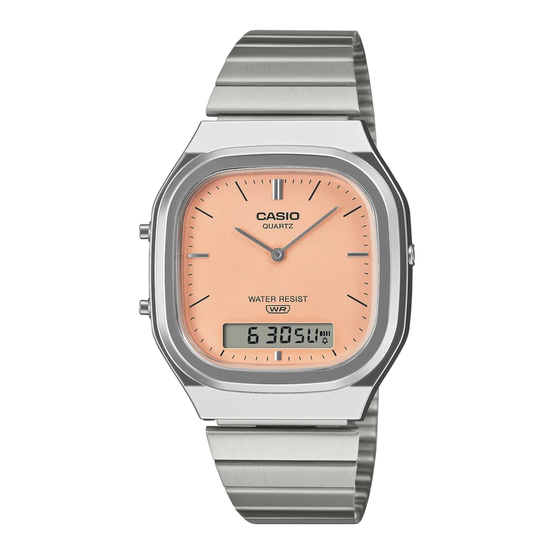 Casio AQ-240E-4AEF Edgy Collection Armbanduhr Pfirsich • Ana-Digi Anzeige • Retro-Modern Design