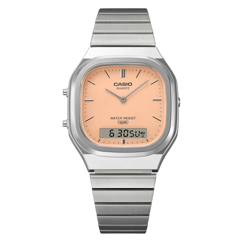 Casio AQ-240E-4AEF Edgy Collection Armbanduhr Pfirsich • Ana-Digi Anzeige • Retro-Modern Design