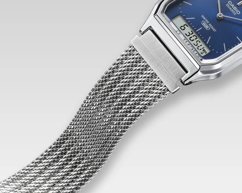 Casio Vintage AQ-230EM-7AEF Armbanduhr Silber • Mesh-Armband • Analog-Digital