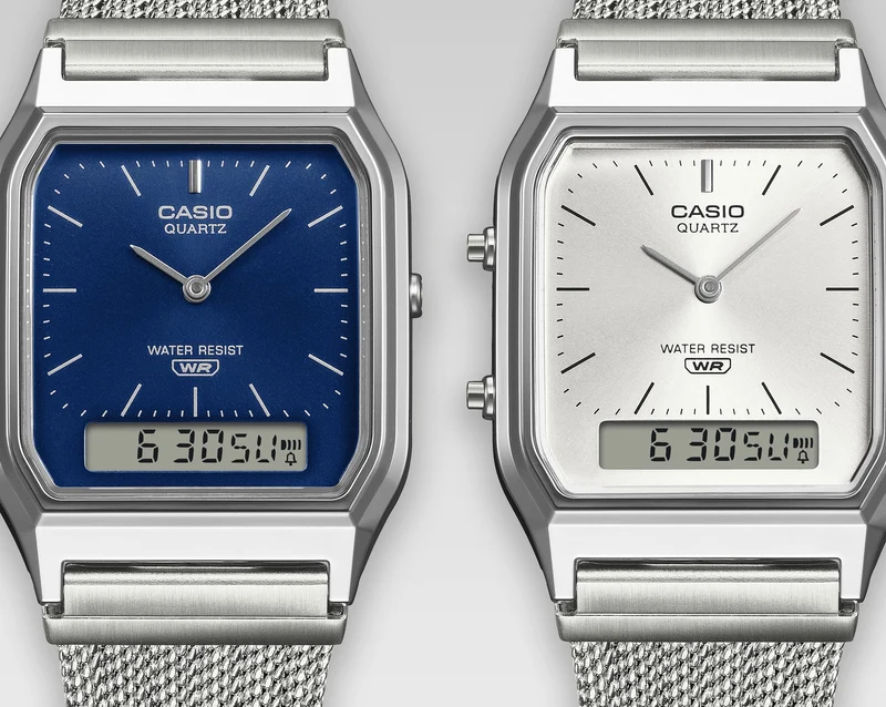 Casio Vintage AQ-230EM-7AEF Armbanduhr Silber • Mesh-Armband • Analog-Digital