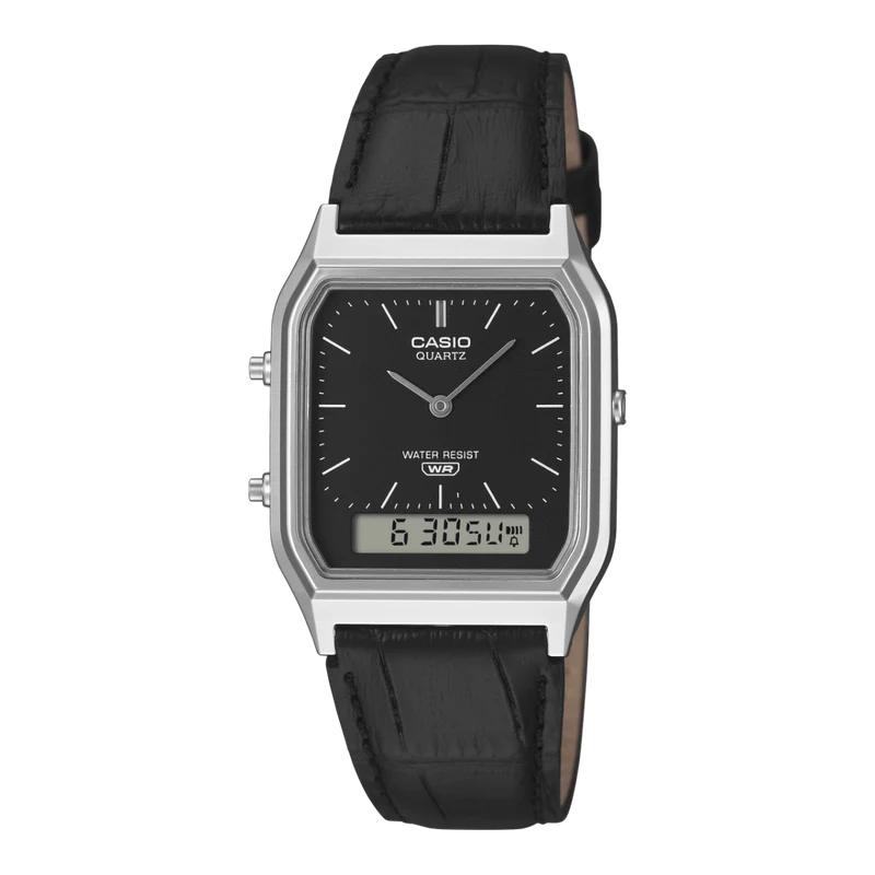 Casio Vintage AQ-230EL-1AEF Armbanduhr Schwarz • Analog-Digital • Echtlederarmband