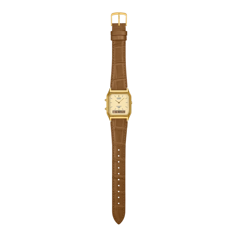 Casio Vintage AQ-230EGL-9AEF Armbanduhr Gold • Analog-Digital • Echtlederarmband