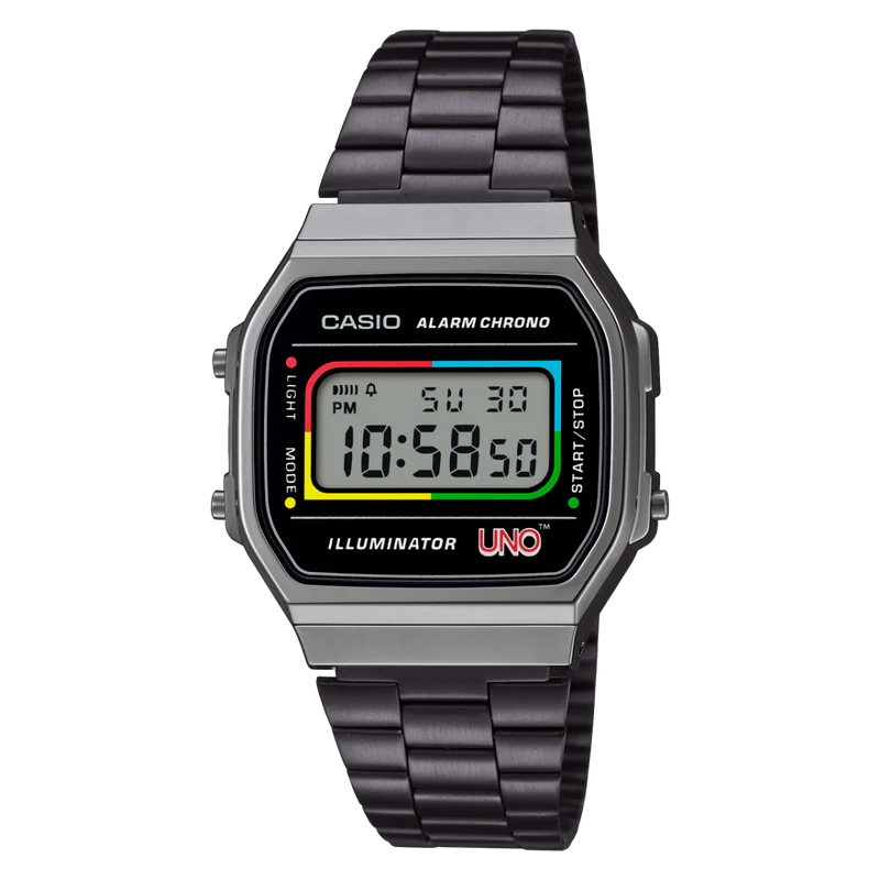 Casio A168WEUC-1AER Vintage Unisex Armbanduhr • UNO Special Edition • EL-Hintergrundbeleuchtung
