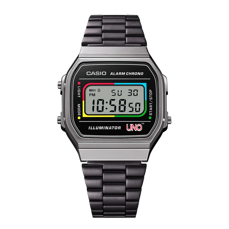 Casio A168WEUC-1AER Vintage Unisex Armbanduhr • UNO Special Edition • EL-Hintergrundbeleuchtung